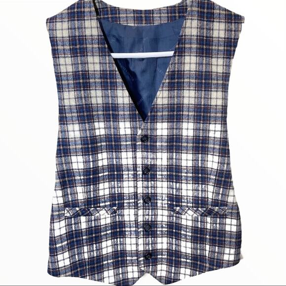 Pendleton Wool Vest 5 Button Down Pockets Plaid Navy Blue Cream Small 34R - Picture 1 of 4
